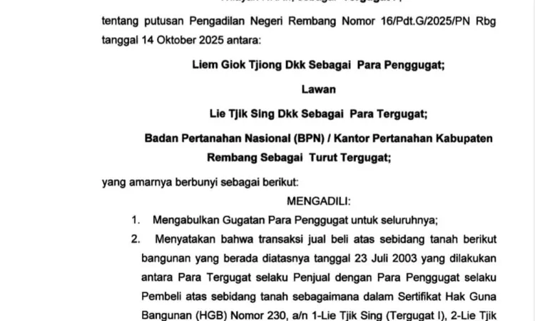 Relaas Pemberitahuan Umum Putusan Kepada Tergugat I, II, III, IV, V, VI, dan VII Perkara No.16/Pdt.G/2025/PN Rbg