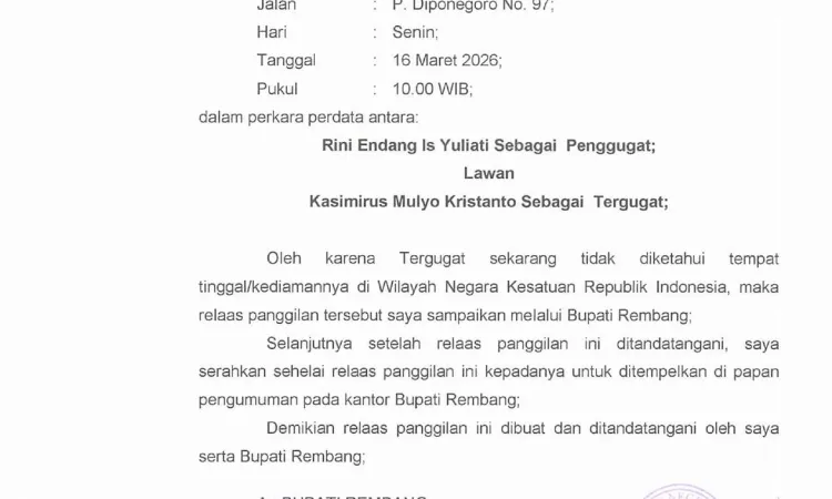 Panggilan Umum Tergugat Karismirus Mulyo Kristanto