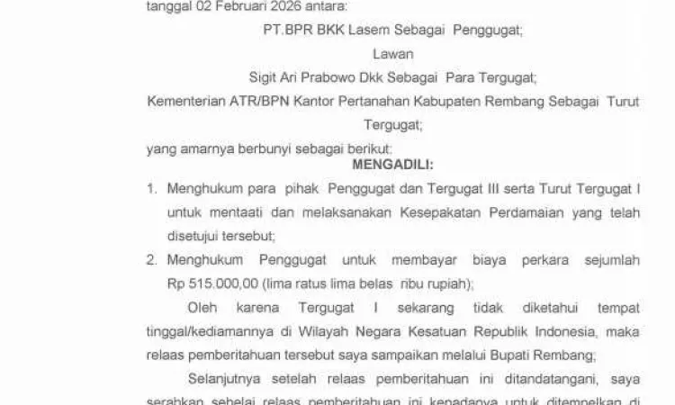Relaas Pemberitahuan Umum Putusan kepada Tergugat I a.n. Sigit Ari Prabowo Perkara No.28/Pdt.G/2025/PN Rbg 