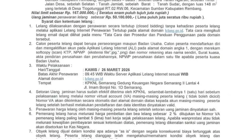 Pengumuman Pertama Lelang Eksekusi PN Rembang Perkara Perdata No.2/Pdt.Eks/2024/PN Rbg Jo No.8/Pdt.G.S/2021/PN Rbg tgl 26 Maret 2026