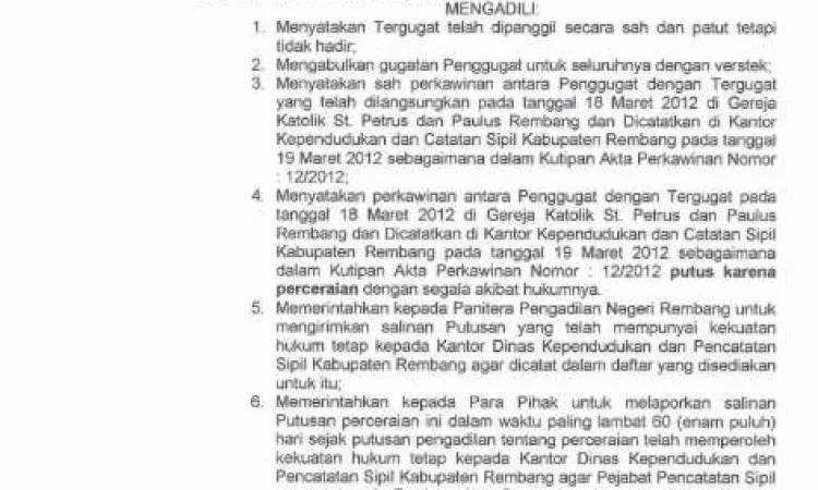 Relaas Pemberitahuan Umum Putusan Verstek Perkara No.30/Pdt.G/2025/PN Rbg a.n. Kasimirus Mulyo Kristanto